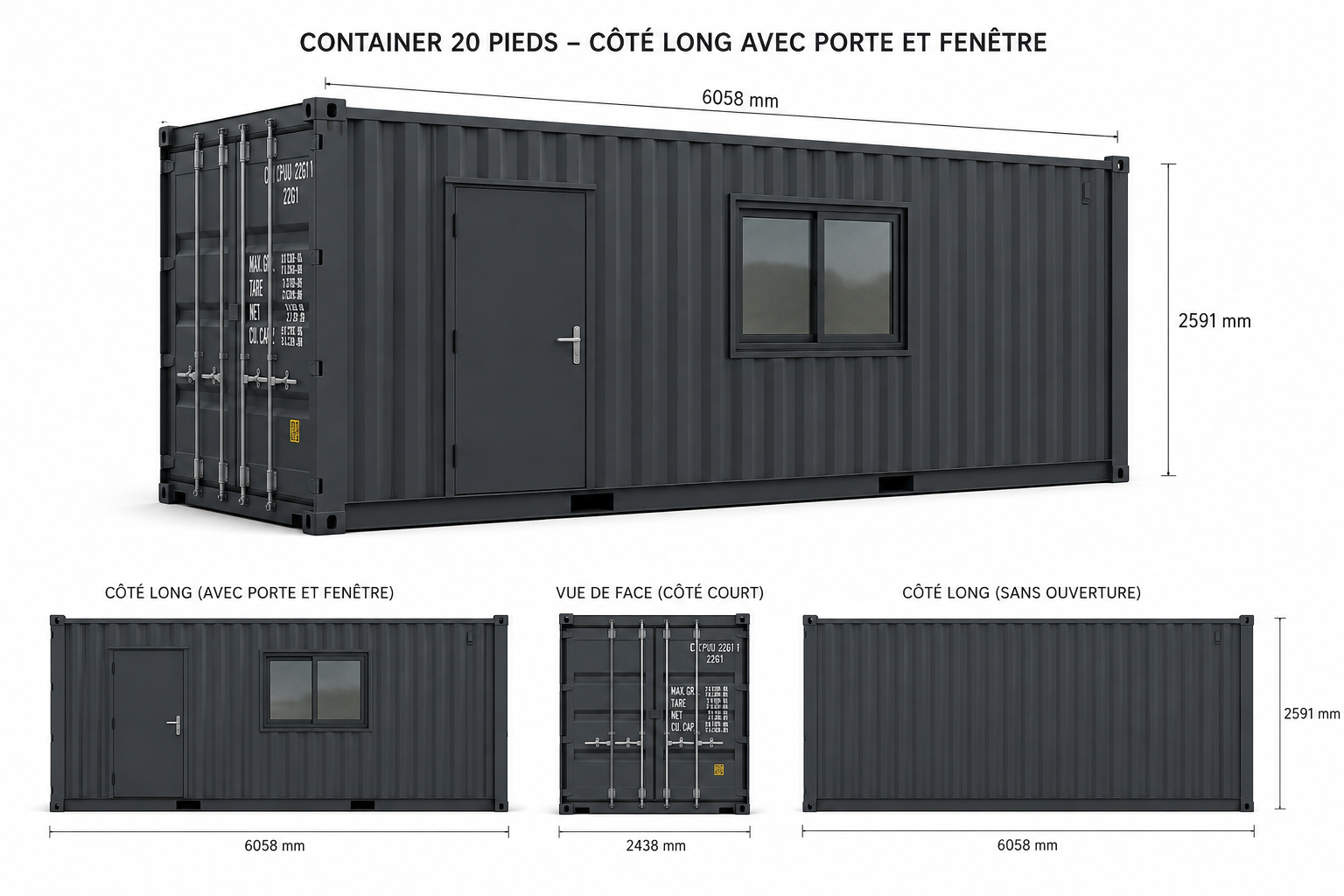 Container 20 pieds apprêté — cotes et vues