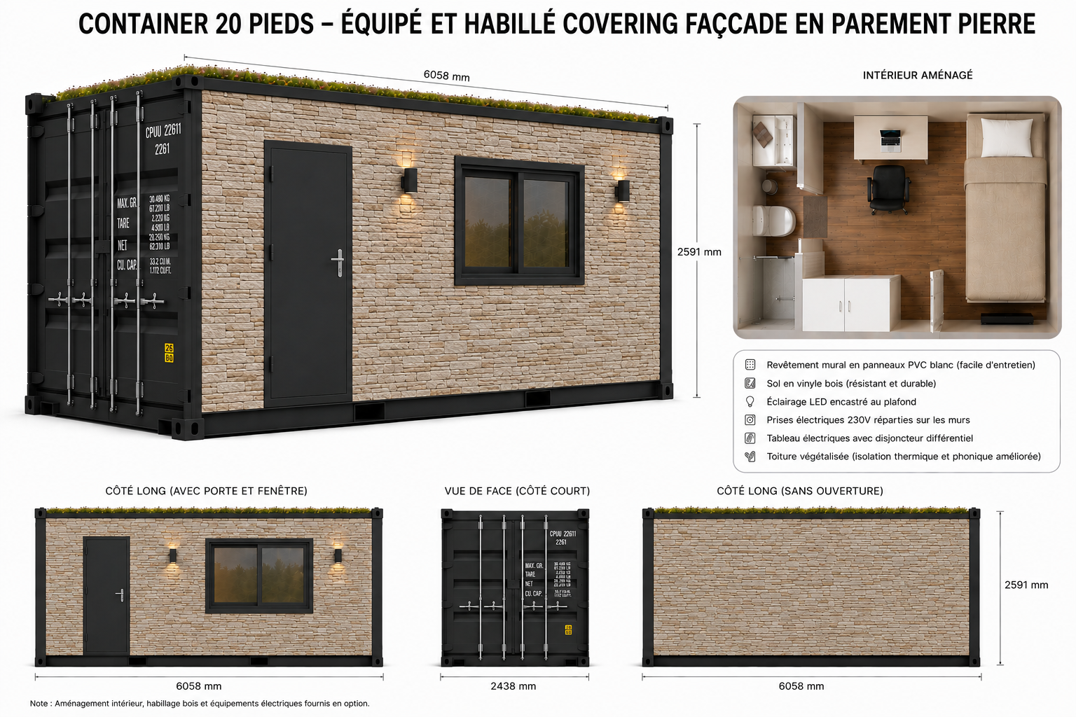 Container 20 pieds équipé covering pierre