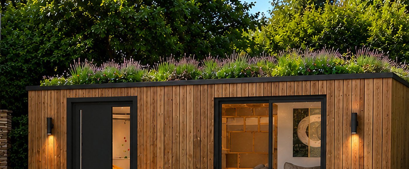 Toiture végétalisée en sedum fleuri sur un container aménagé bardé de bois
