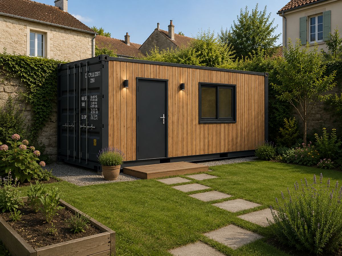 Bureau container bardé de bois installé dans un jardin, porte anthracite et terrasse