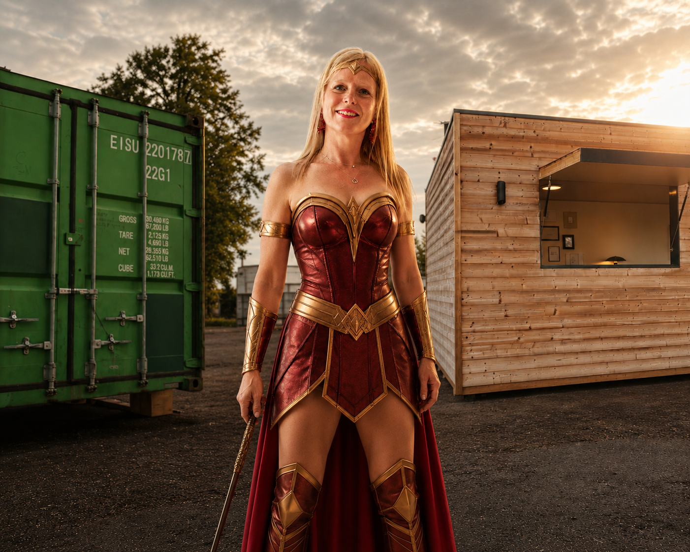 Nathalie en amazone entre un container brut et un module fini